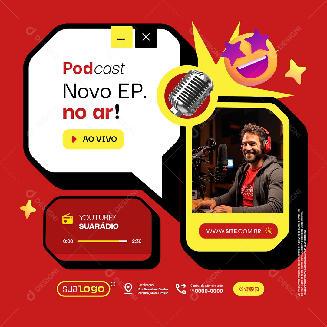 Podcast Novo Episódio no Ar Ao Vivo Social Media PSD Editável