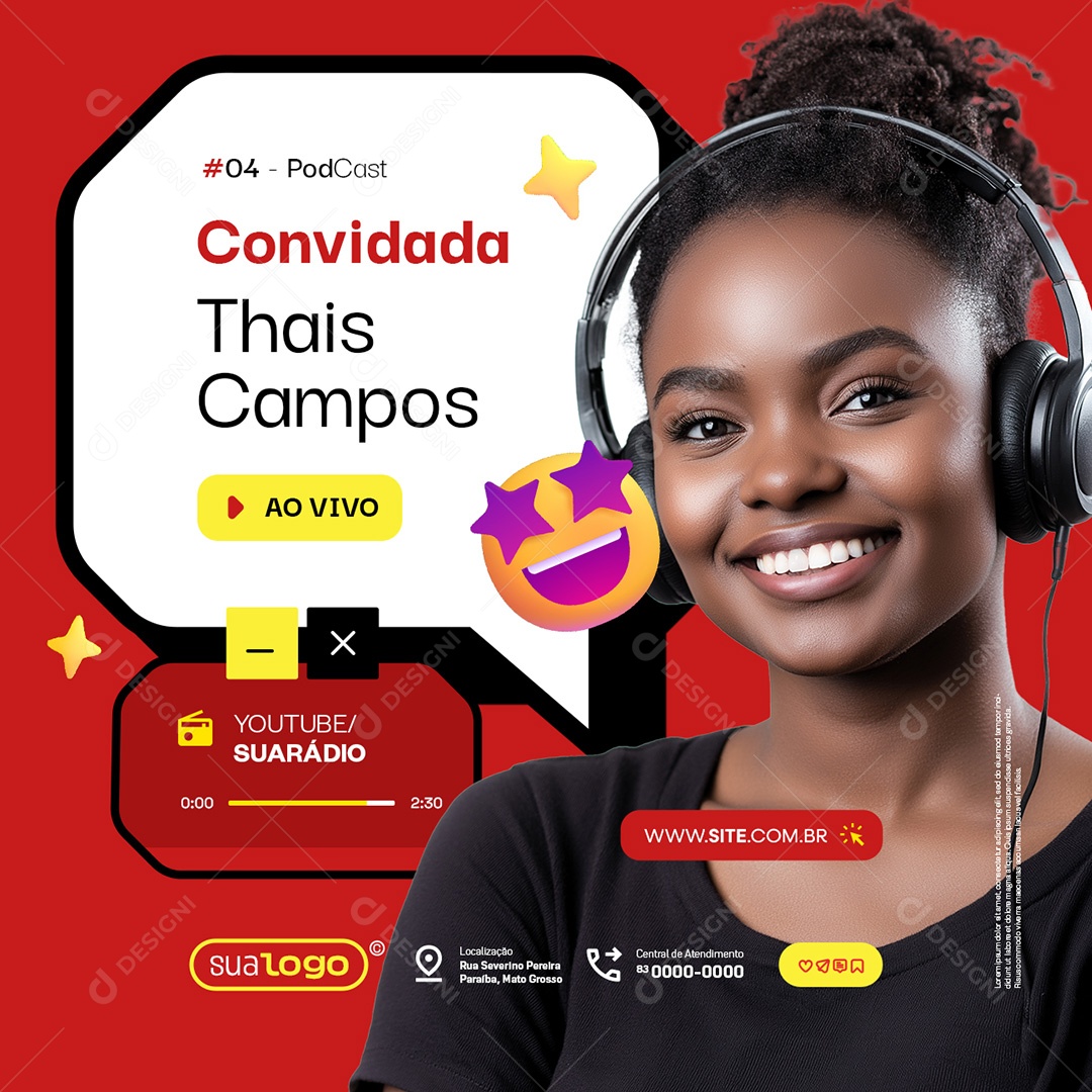 Podcast Convidada Thais Campos Ao Vivo Social Media PSD Editável