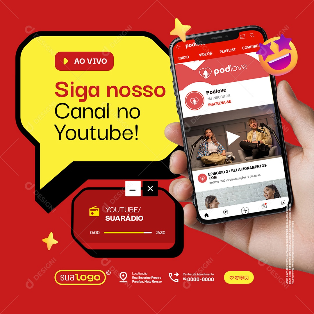 Podcast Ao Vivo Siga osso Canal no Youtube Social Media PSD Editável