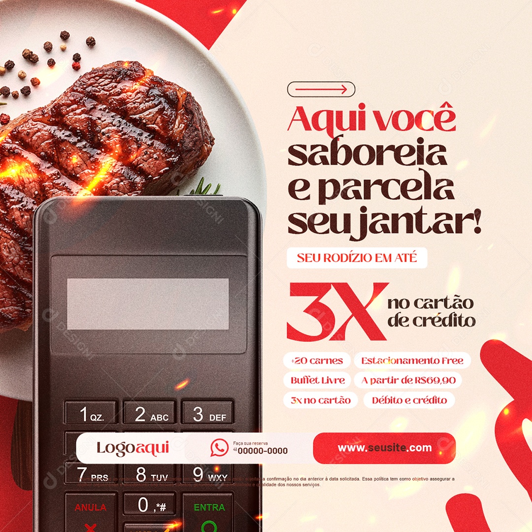 Churrascaria Aqui Você Saboreia e Parcela Social Media PSD Editável