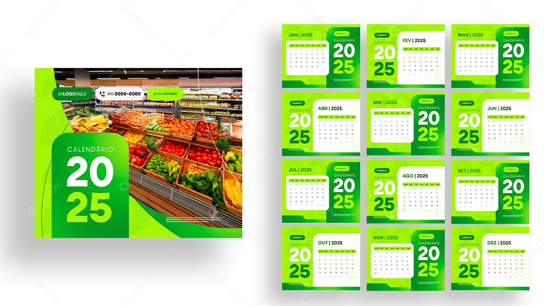 Modelo de Calendário 2025 Supermercado Hortifruti PSD Editável