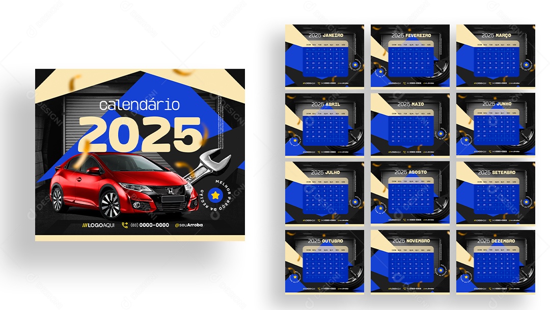 Modelo de Calendário 2025 Oficina Mecânica de Carros PSD Editável