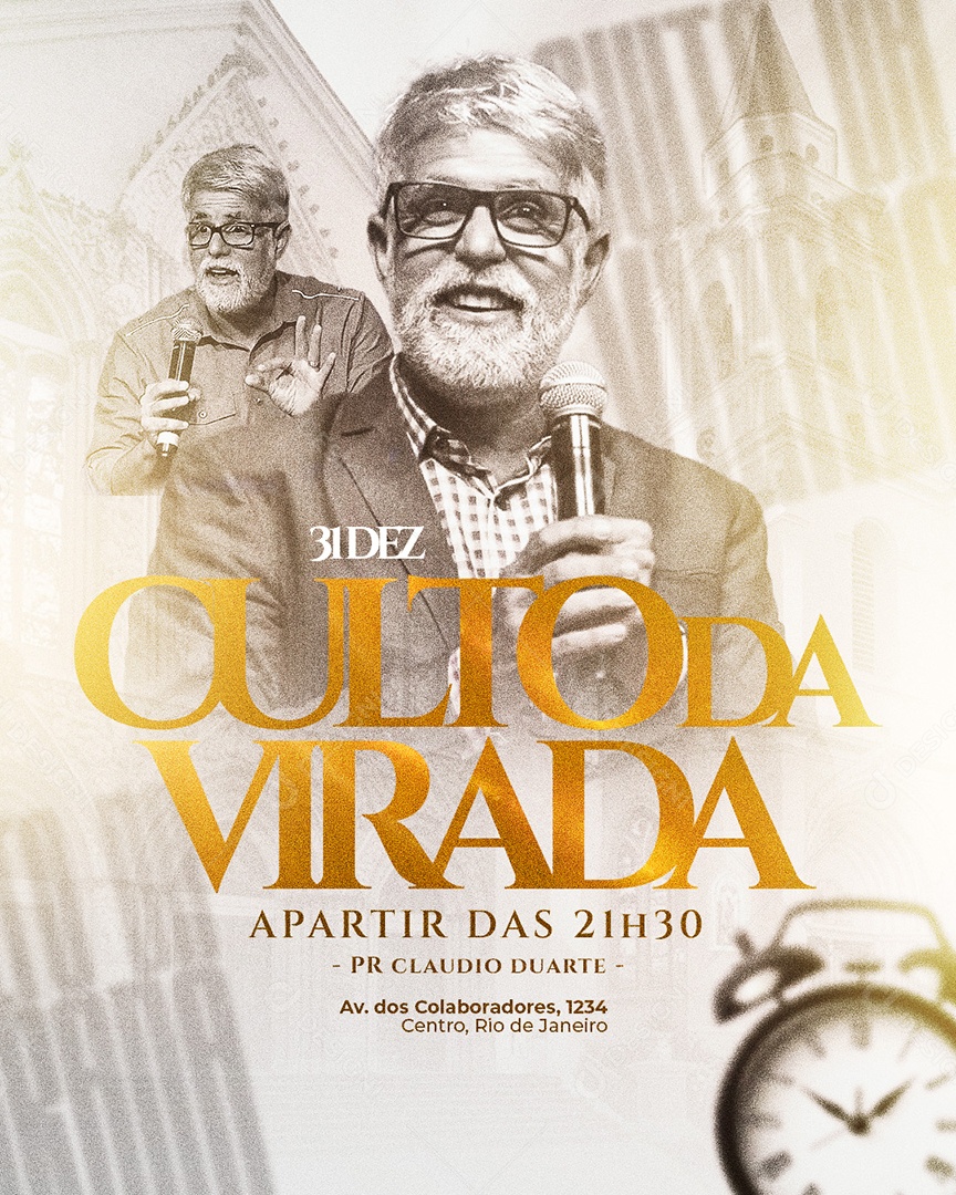 Flyer Gospel Culto de Virada Social Media PSD Editável