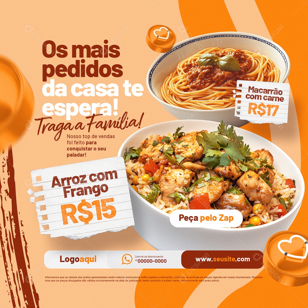 Restaurante Macarrão com Carne Arroz com Frango Social Media PSD Editável