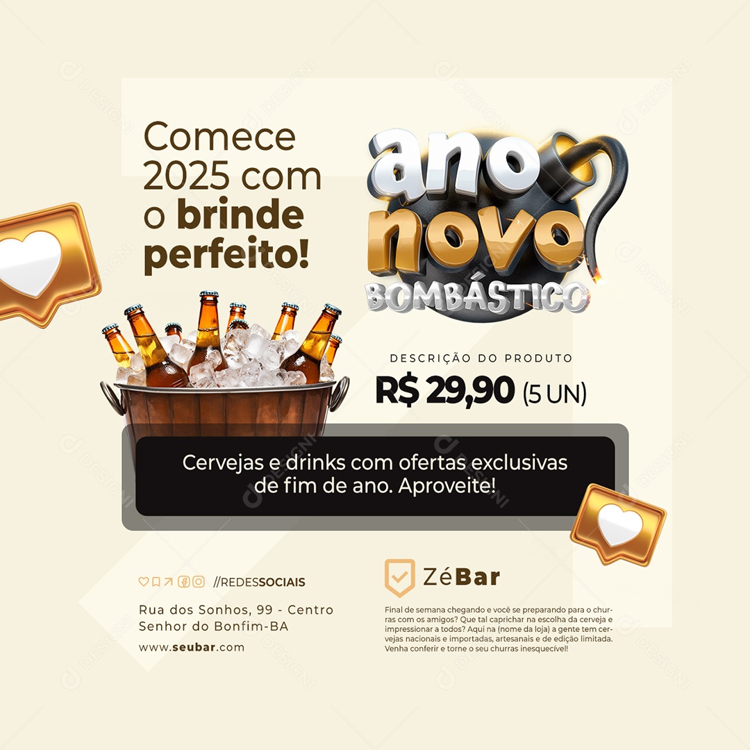 Ano Novo Bombástico Bombástico Cervejas e Drinks Social Media PSD Editável