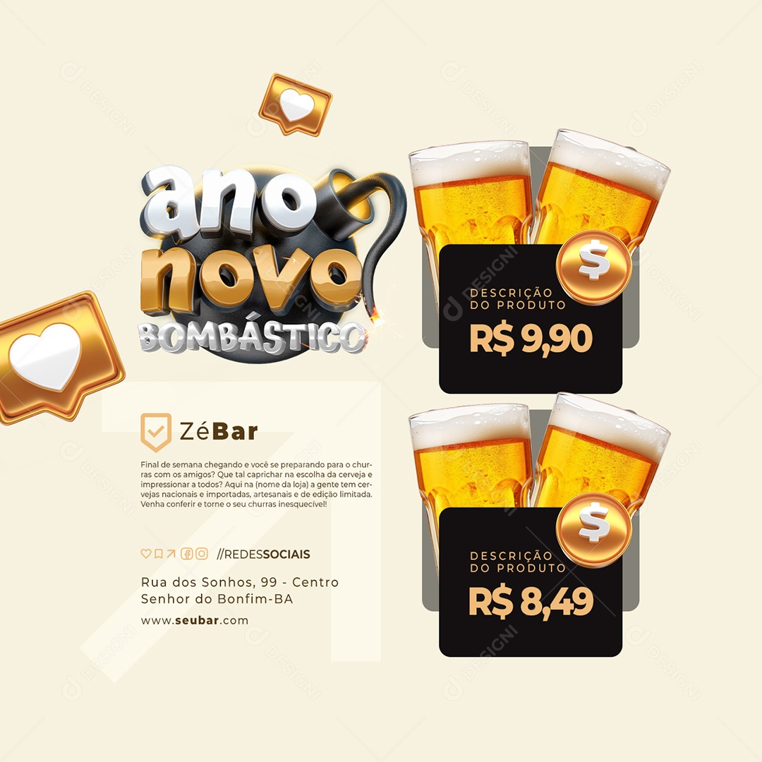 Ano Novo Bombástico Bombástico Cerveja Social Media PSD Editável