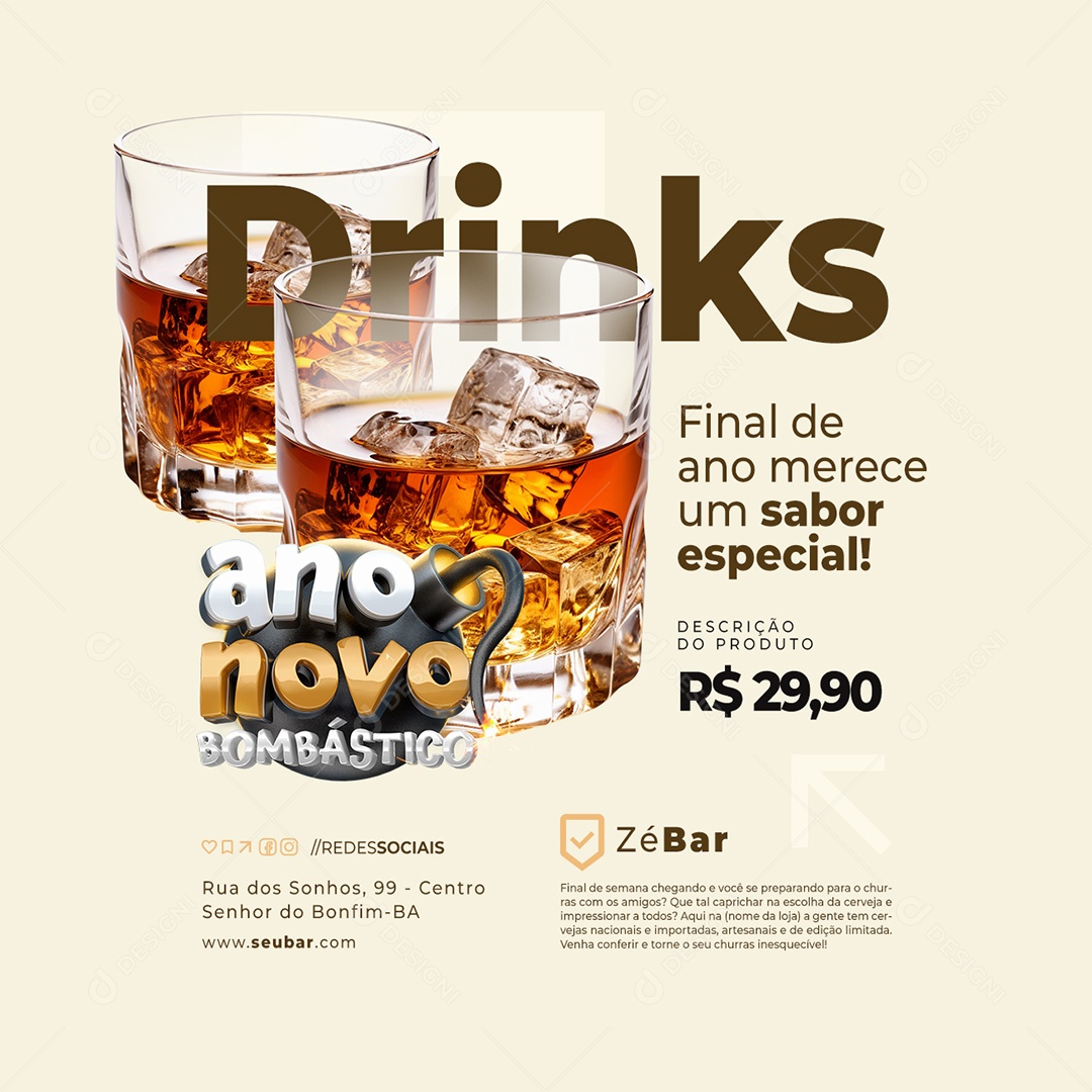 Ano Novo Bombástico Bombástico Drinks Final de Ano Social Media PSD Editável