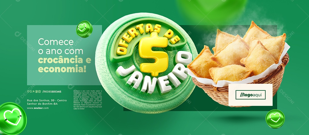 Banner Ofertas de Janeiro Pastelaria Crocância de Economia Social Media PSD Editável