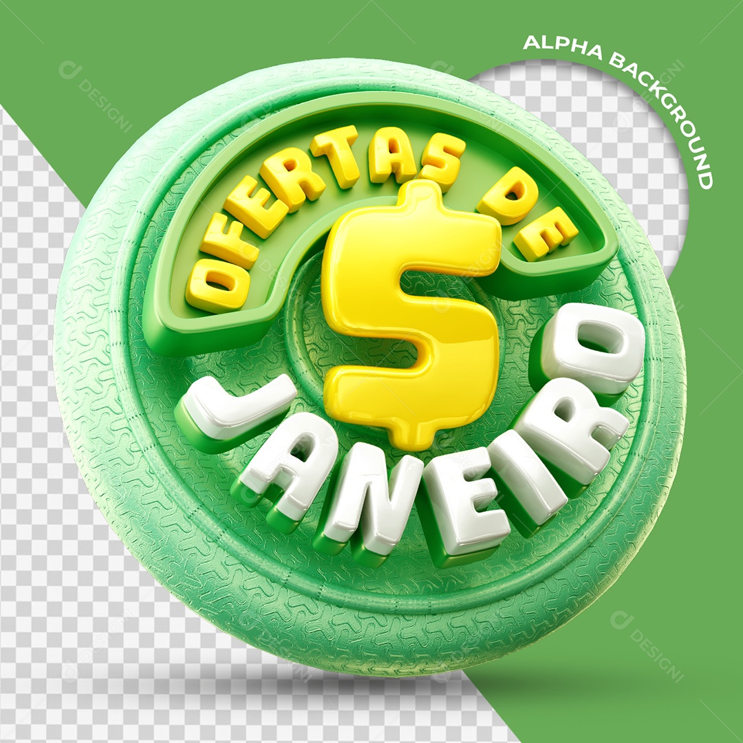 Ofertas de Janeiro Selo 3D Verde e Amarelo para Composição PSD