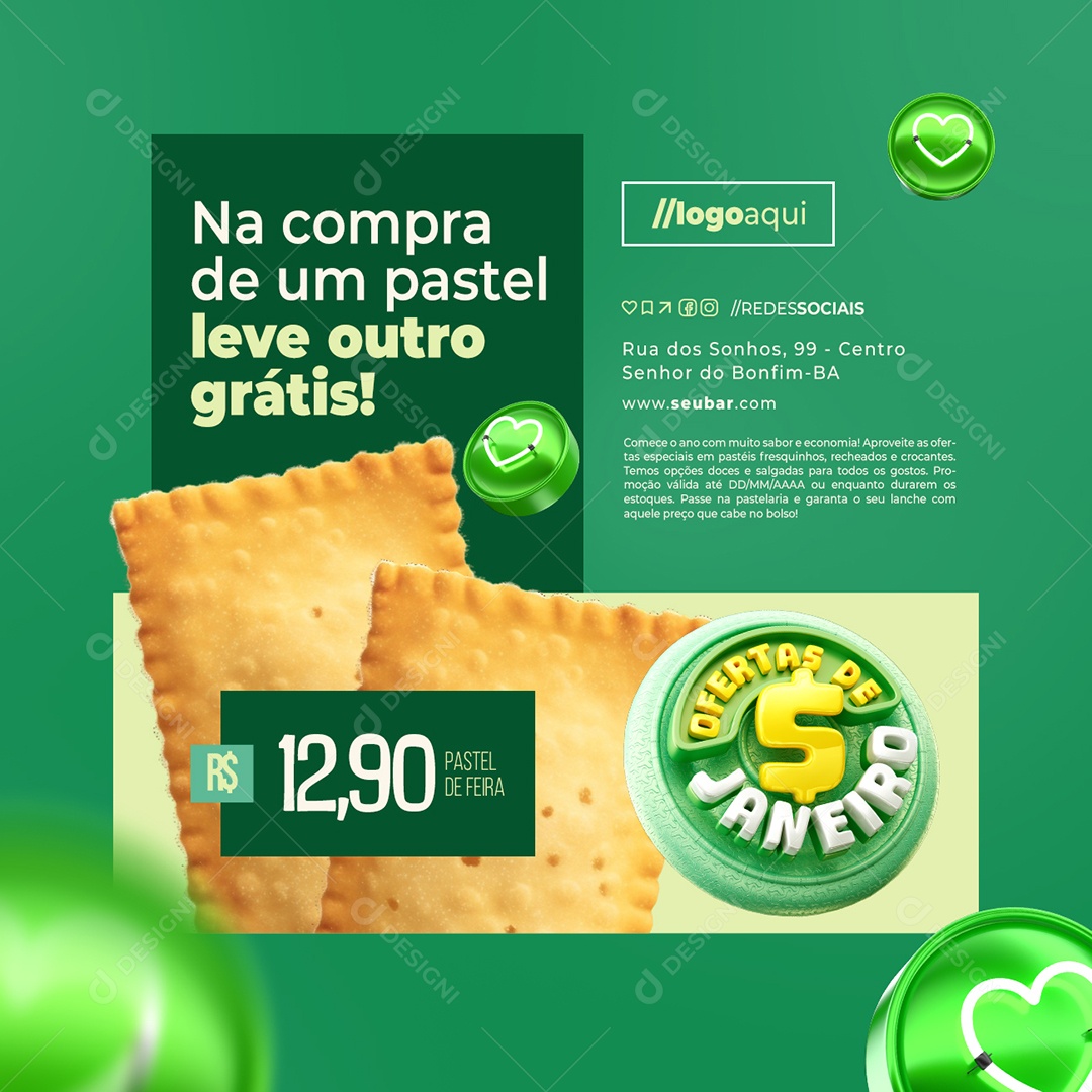 Ofertas de Janeiro Pastelaria Na Compra de Um Pastel Leve Outro Grátis Social Media PSD Editável