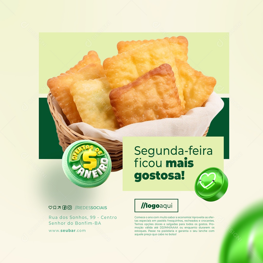 Ofertas de Janeiro Pastelaria Segunda Feira Ficou mais Gostosa Social Media PSD Editável