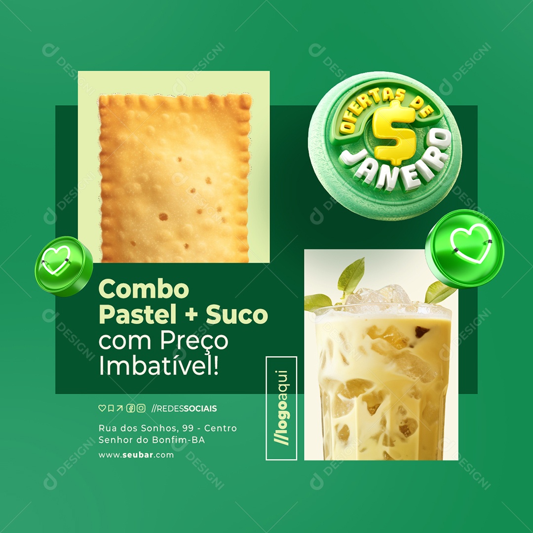 Ofertas de Janeiro Pastelaria Combo Pastel Suco Social Media PSD Editável