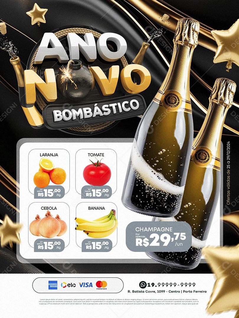 Tabloide Ano Novo Bombástico Supermercado Hortifruti Social Media PSD Editável