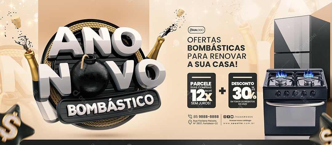 Banner Ano Novo Bombástico Loja de Eletrodomésticos Social Media PSD Editável