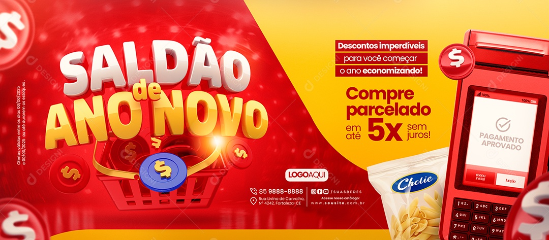 Banner Saldão de Ano Novo Supermercado Descontos Imperdíveis Social Media PSD Editável