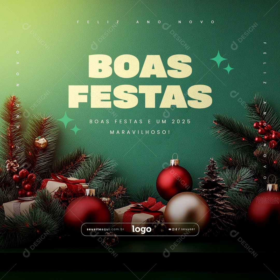 Boas Festas Feliz Natal e Feliz Ano Novo Social Media PSD Editável