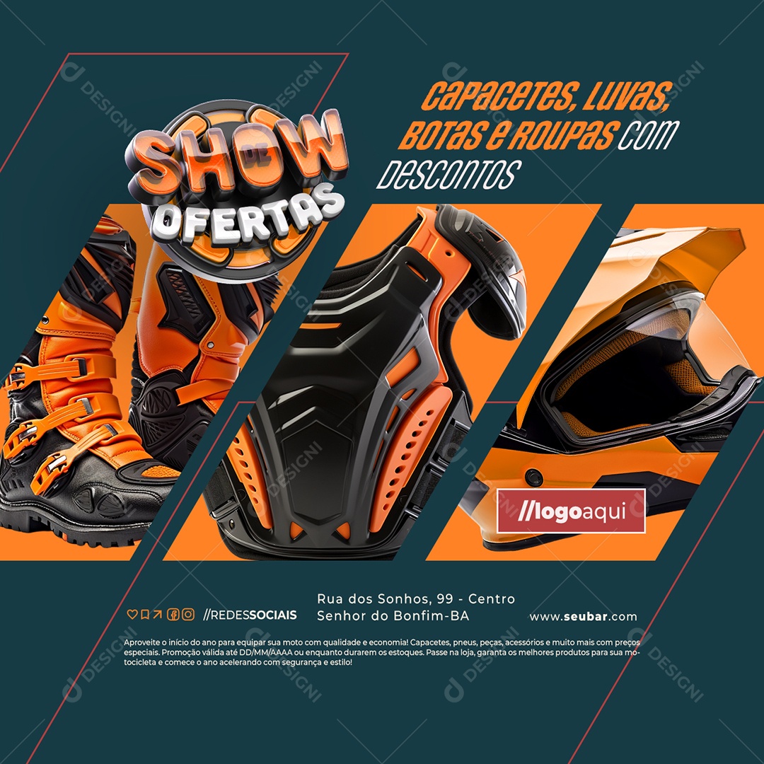 Show de Ofertas Loja de Acessórios de Motocross Capacetes Luvas Botas e Roupas Social Media PSD Editável