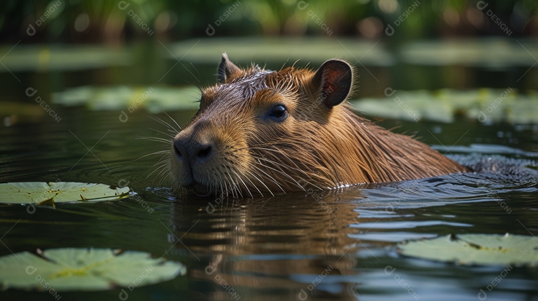 Uma capivara nadando em um rio