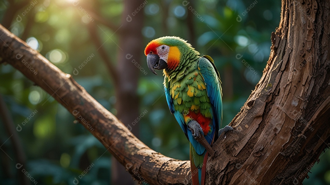 Loro colorido lindo em uma árvore na floresta