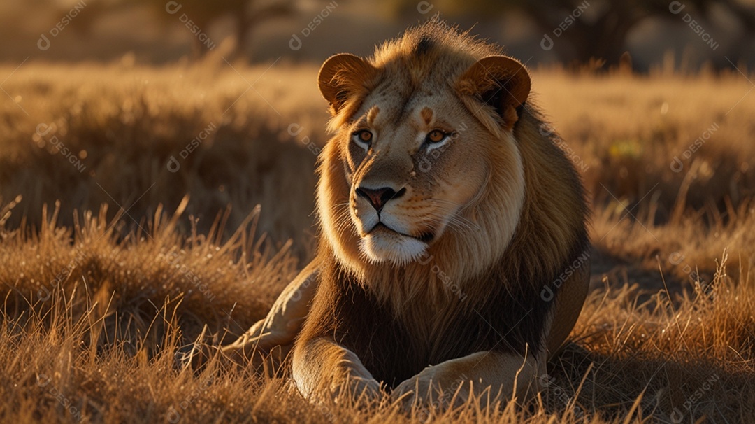 Leão deitado descansando em savana
