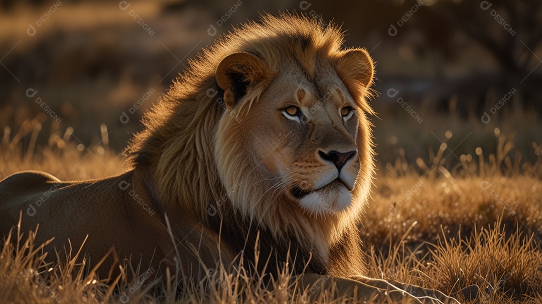 Leão deitado em savana