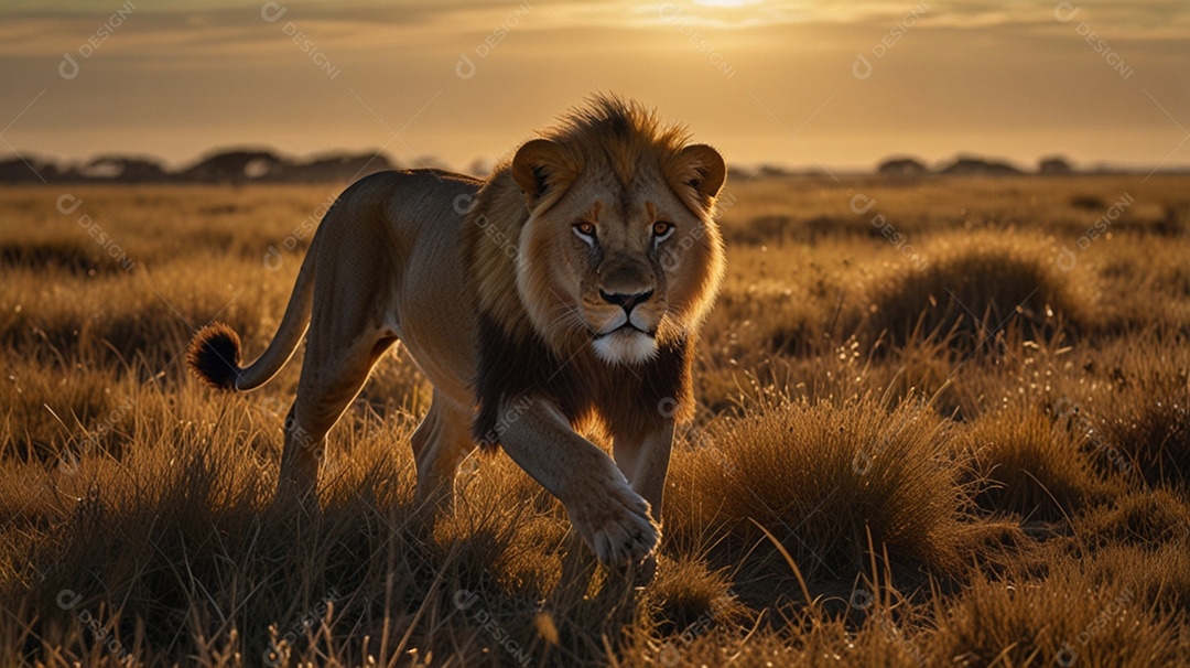 Imagem de um leão na savana andando