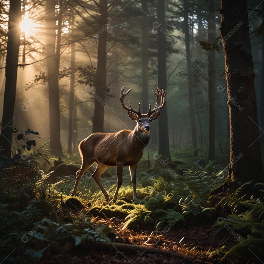 Um viado em meio as árvores na floresta