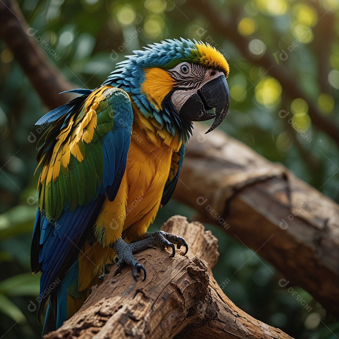 Uma arara linda arropiada em uma árvore na floresta