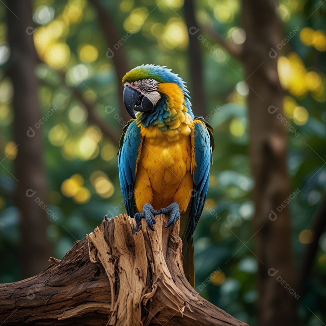 Uma linda arara azul em tronco de árvore