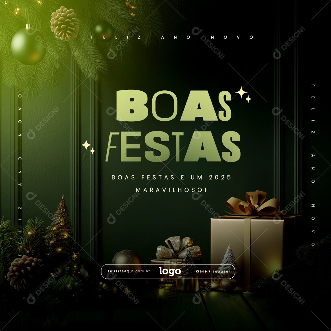 Boas Festas Feliz Natal e Feliz Ano Novo Social Media PSD Editável