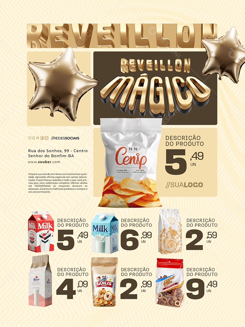 Reveillon Mágico Supermercado Encarte Produtos Social Media PSD Editável