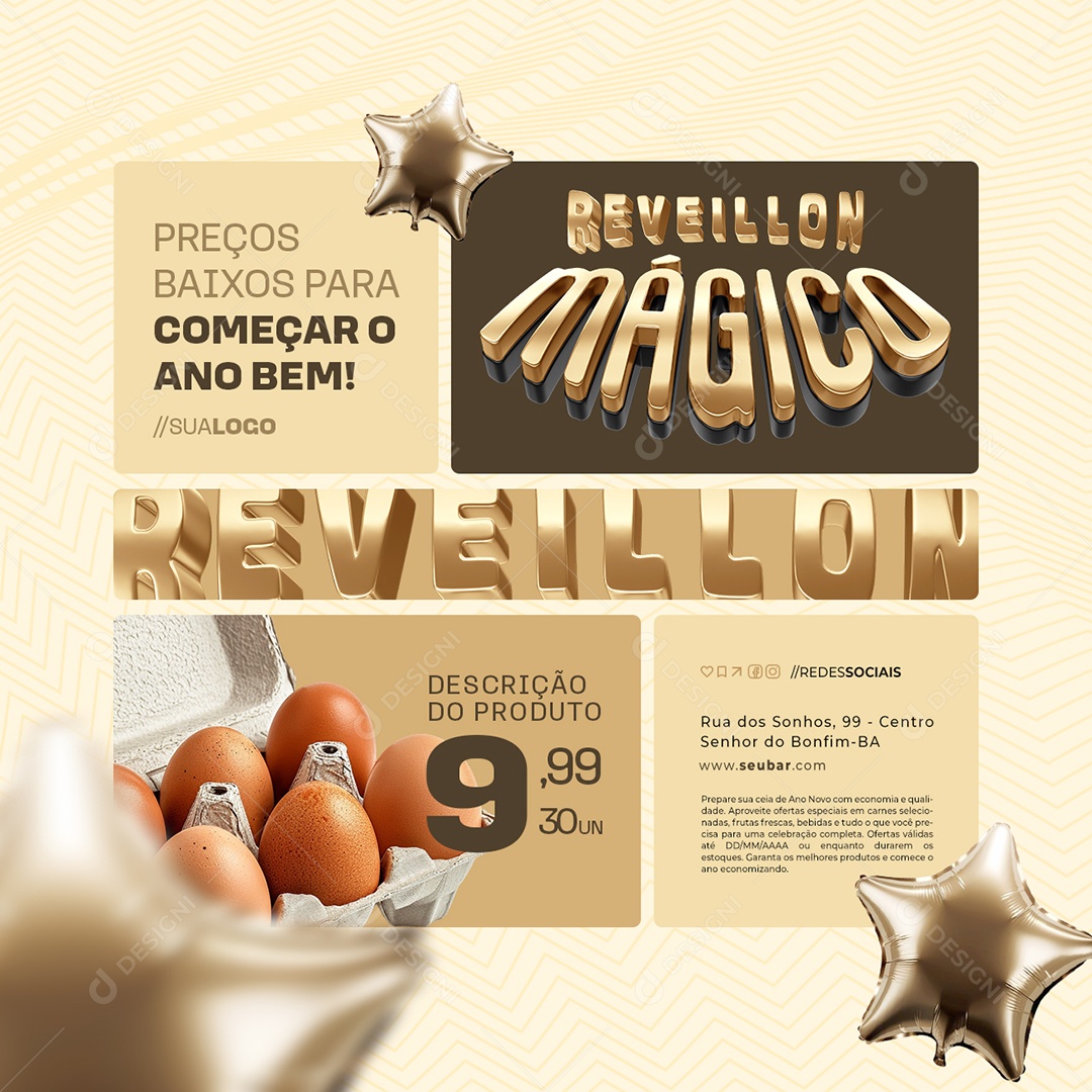 Reveillon Mágico Supermercado Cartela de Ovo Preços Baixos Social Media PSD Editável
