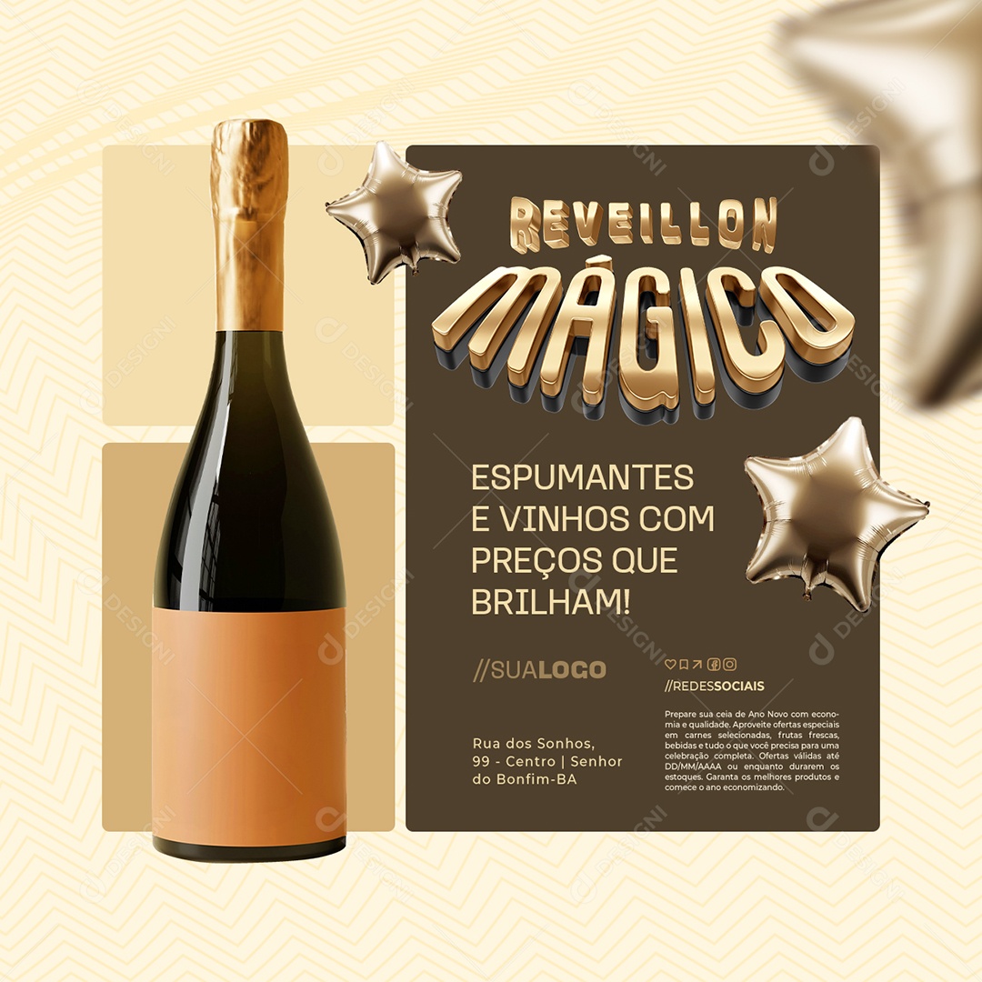 Reveillon Mágico Supermercado Espumantes e Vinhos Social Media PSD Editável