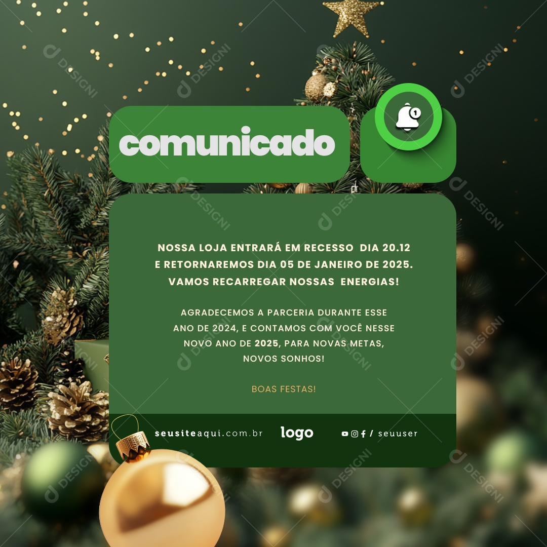 Comunicado de Recesso Fim de Ano Social Media PSD Editável