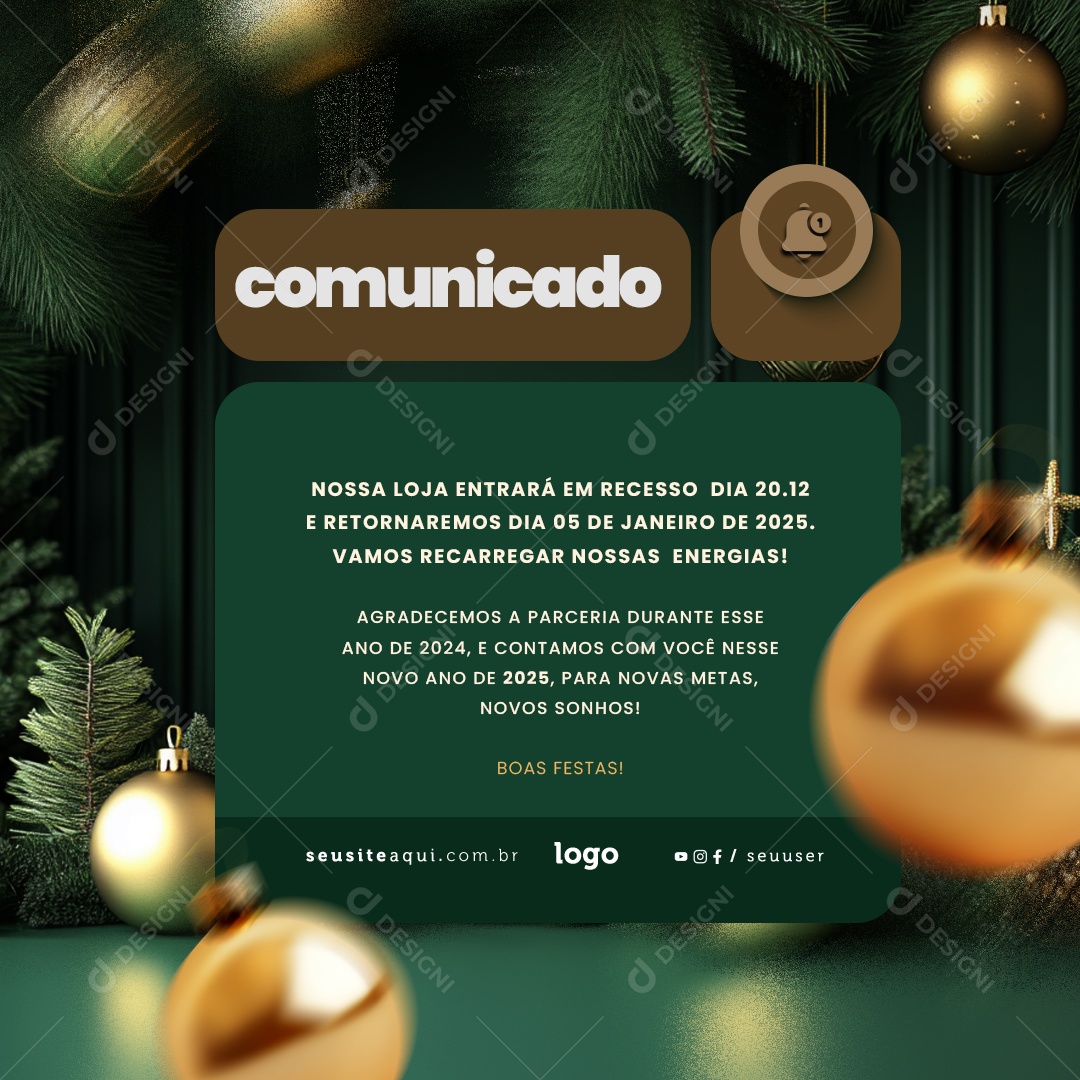 Comunicado de Recesso Fim de Ano Social Media PSD Editável