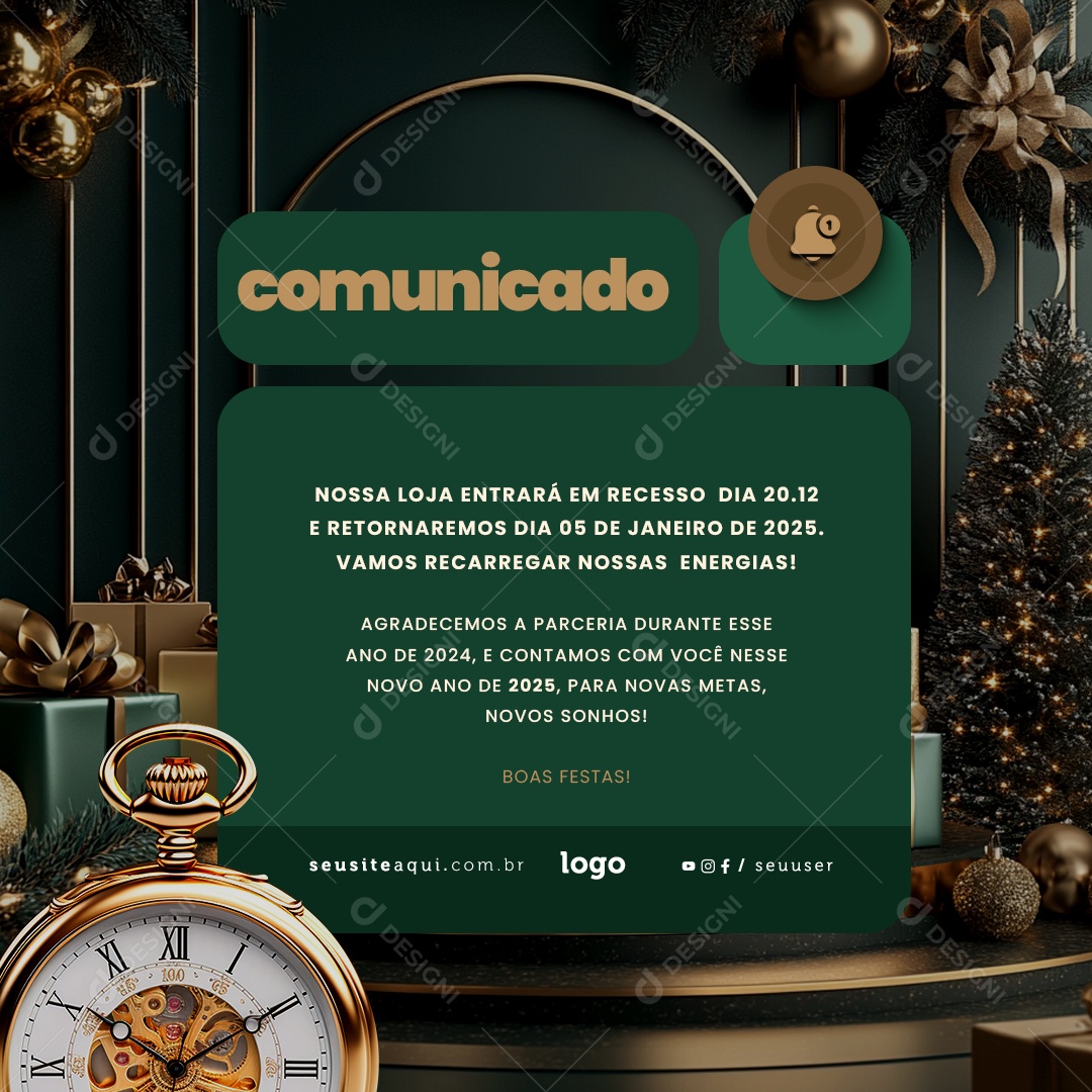 Comunicado de Recesso Fim de Ano Social Media PSD Editável