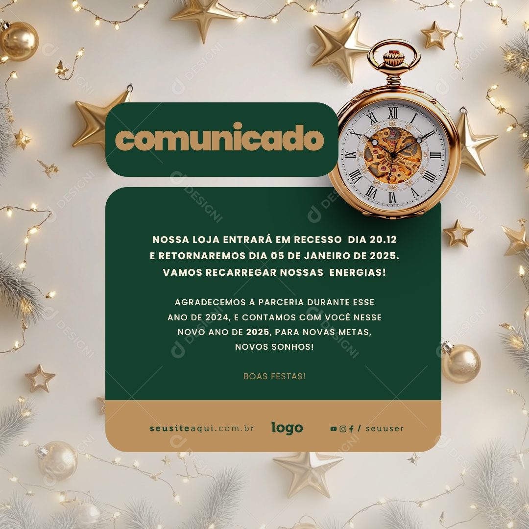 Comunicado de Recesso Fim de Ano Social Media PSD Editável