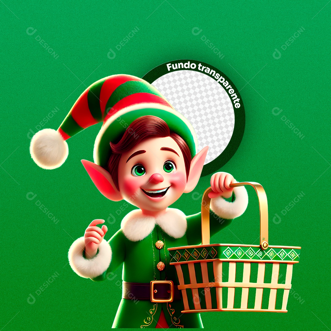 Personagem 3D Gnomo de Natal Segurando Cesta para Composição PSD