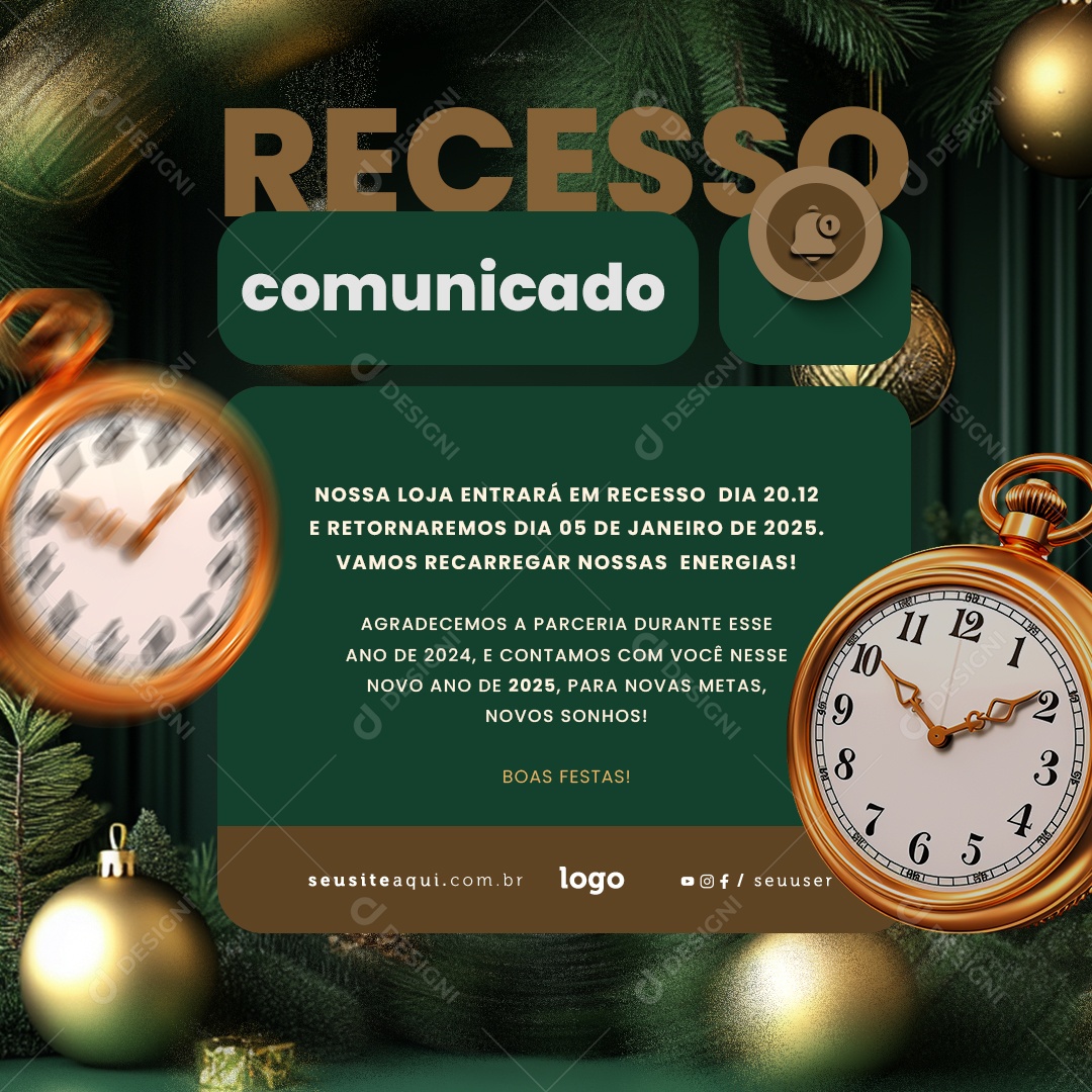 Comunicado de Recesso Fim de Ano Social Media PSD Editável