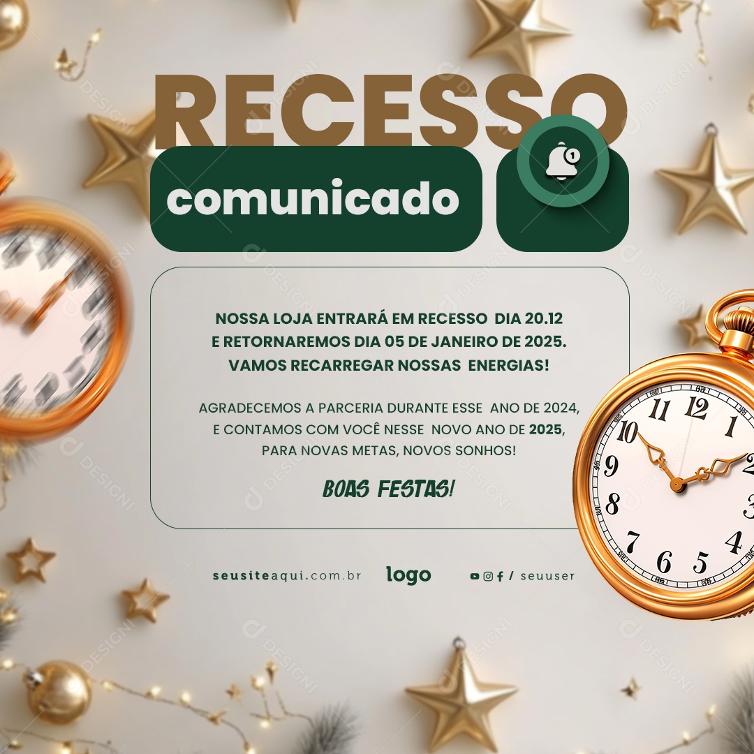 Comunicado de Recesso Fim de Ano Social Media PSD Editável