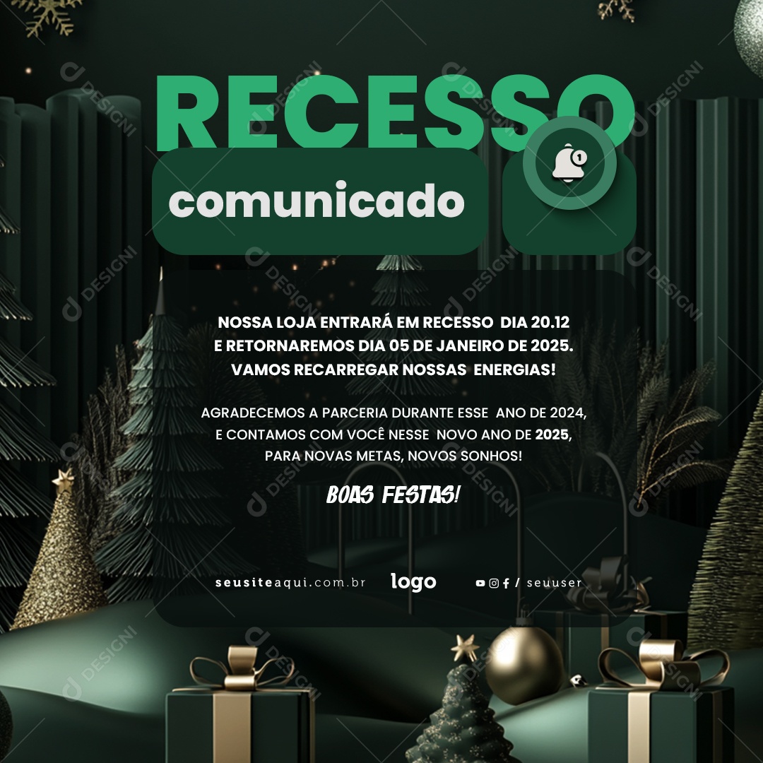 Comunicado de Recesso Fim de Ano Social Media PSD Editável