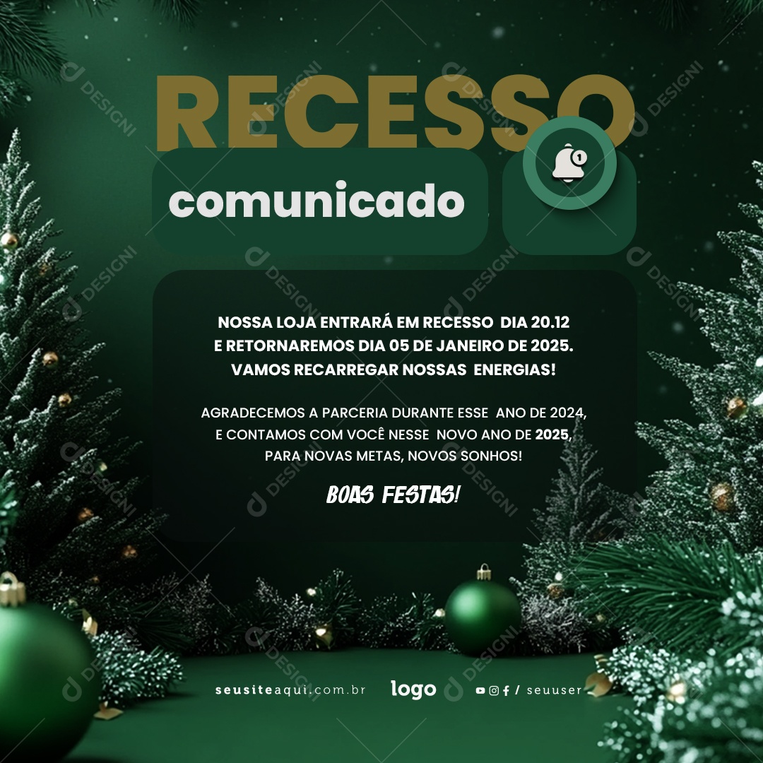 Comunicado de Recesso Fim de Ano Social Media PSD Editável