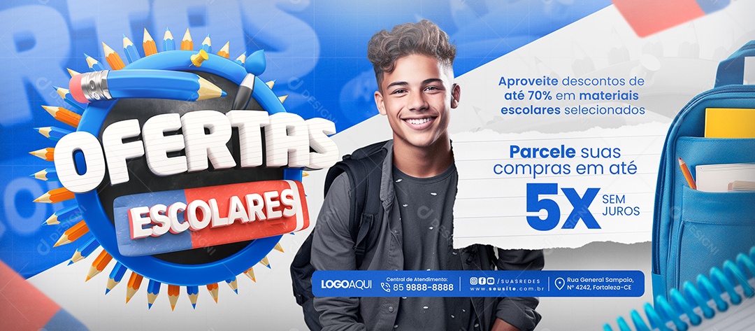 Banner Ofertas Escolares Papelaria Parcele suas Compras Social Media PSD Editável