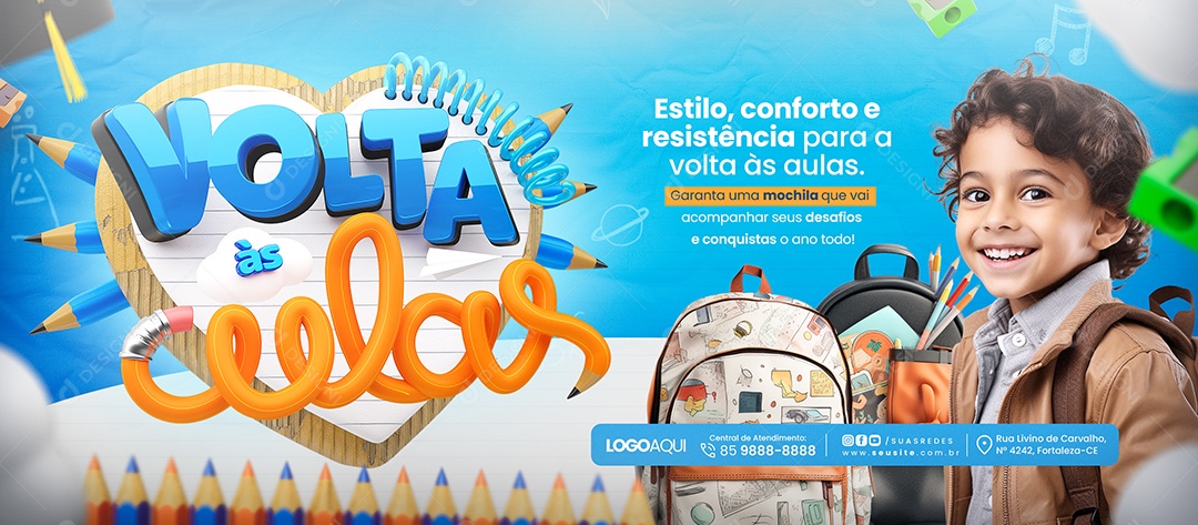 Banner Volta às Aulas Papelaria Mochilas Ofertas Social Media PSD Editável