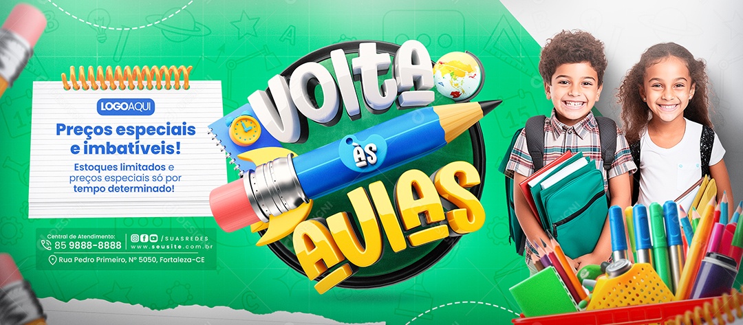 Banner Volta às Aulas Papelaria Preços Especiais e Imbatíveis Social Media PSD Editável