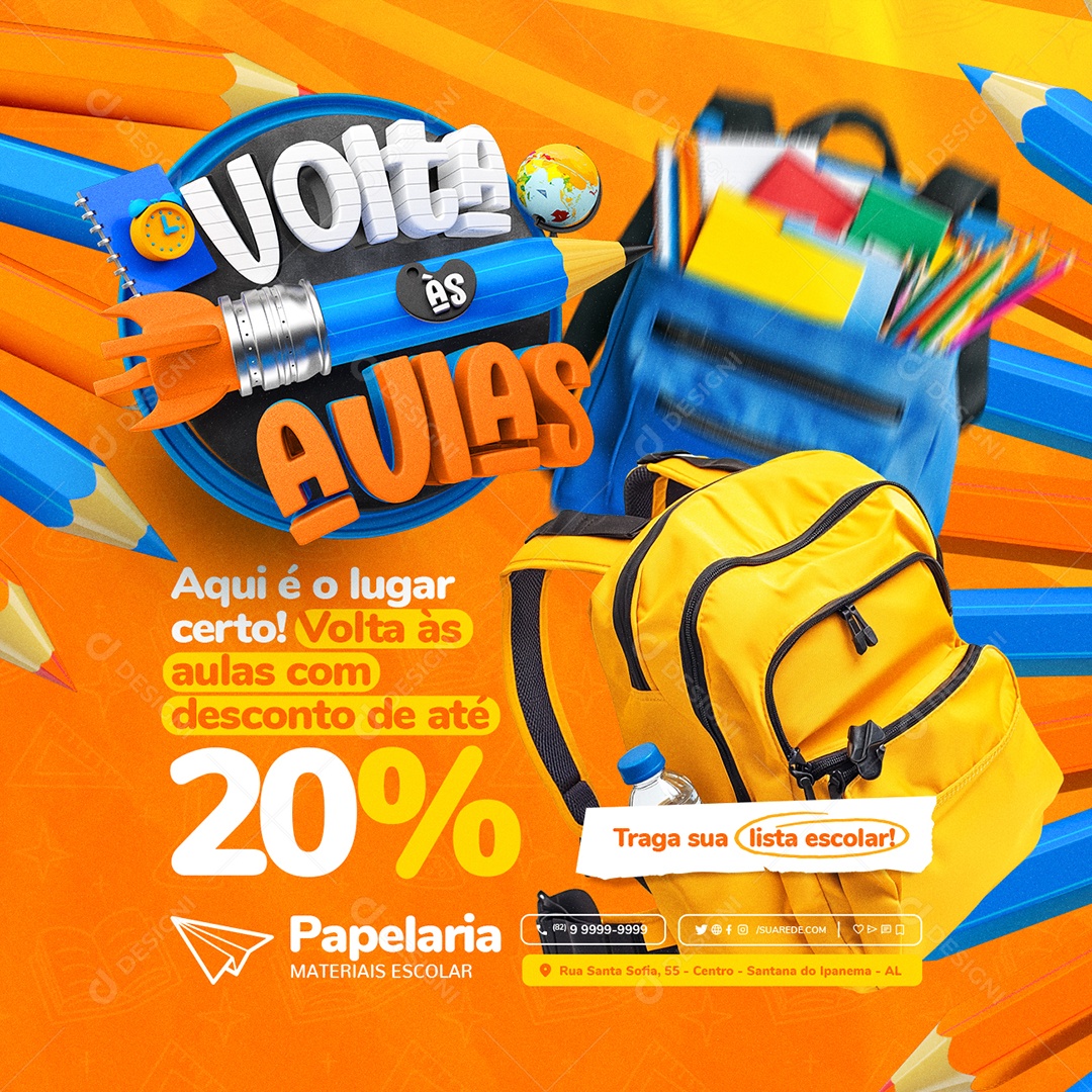 Volta Às Aulas Papelaria Aqui Você é o Lugar Certo Social Media PSD Editável