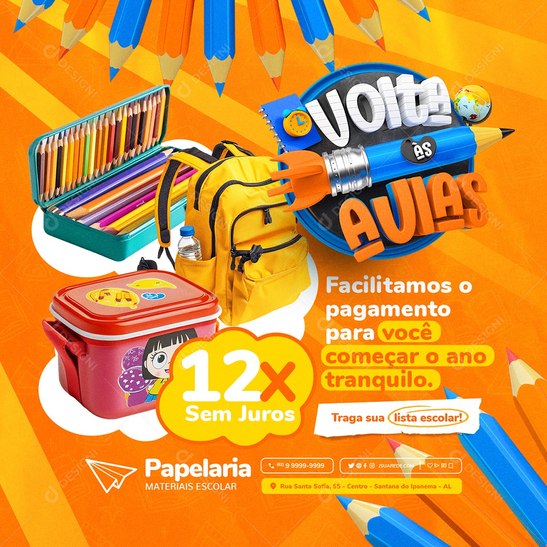 Volta Às Aulas Papelaria Lapis de Cor Mochila e Lancheira Social Media PSD Editável