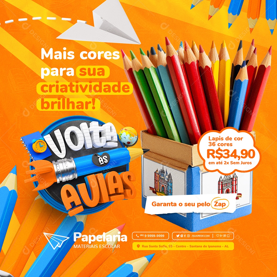 Volta Às Aulas Papelaria Lapis de Cor Social Media PSD Editável