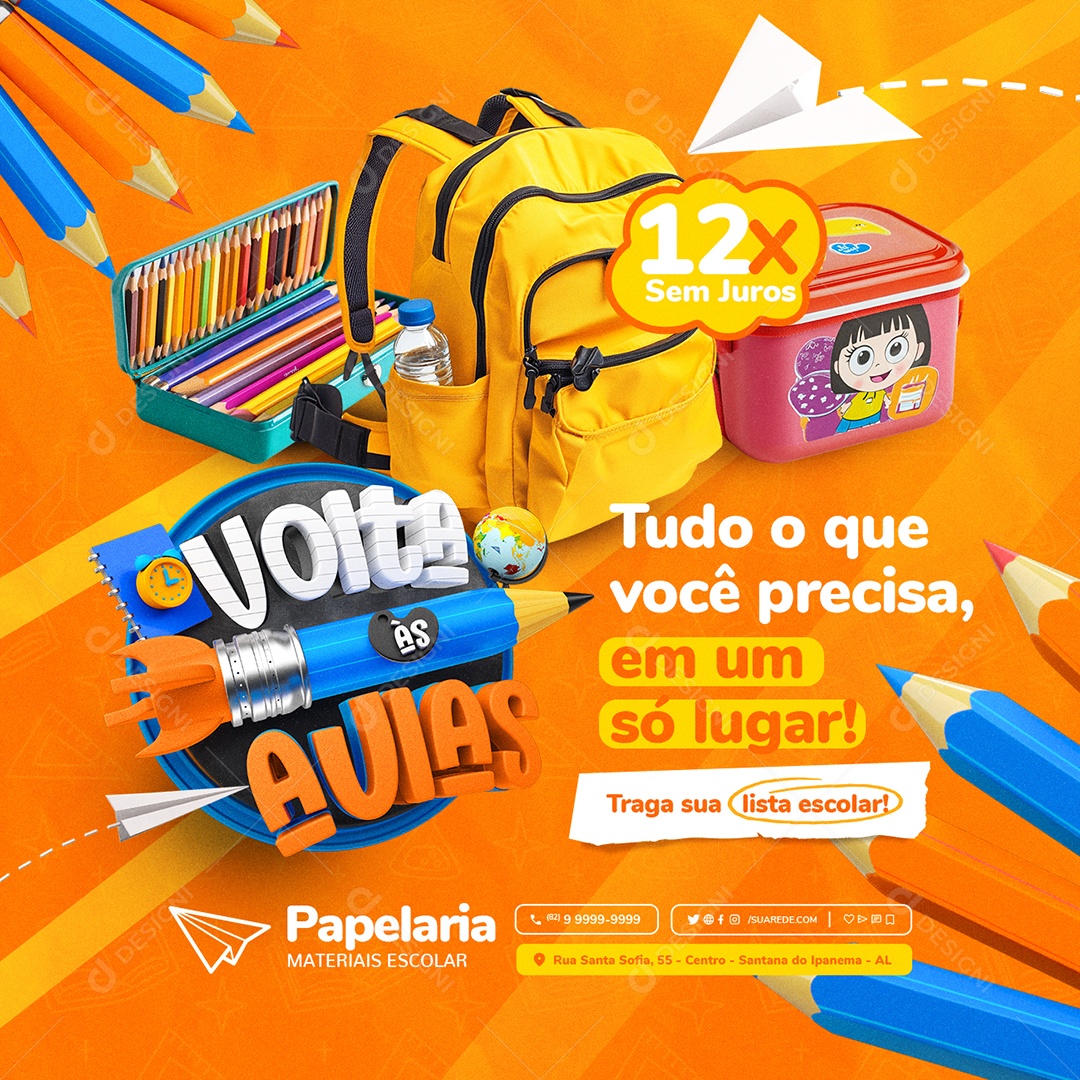 Volta Às Aulas Papelaria Tudo o Que Você Precisa Social Media PSD Editável