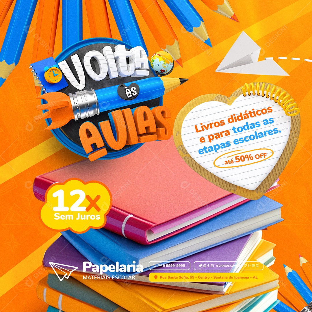 Volta Às Aulas Papelaria Livros Didáticos e Para Todas as Etapas Escolares Social Media PSD Editável